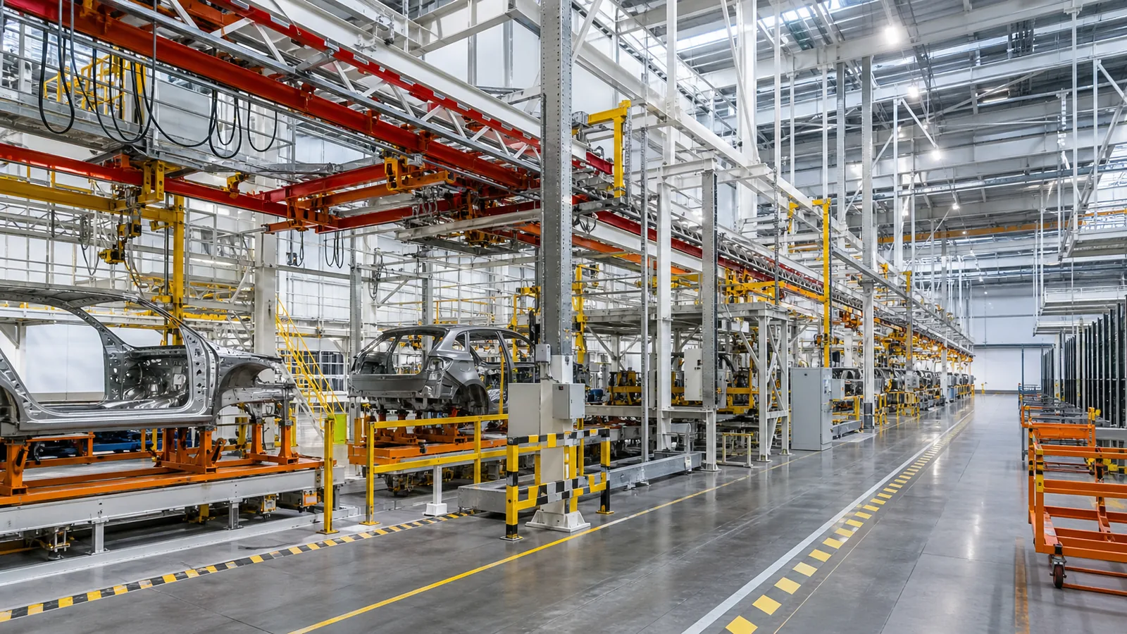 Automotive manufacturing facility with vehicle-body assembly fixtures, overhead conveyors, painted structural columns, bright high-bay lighting, and marked aisles