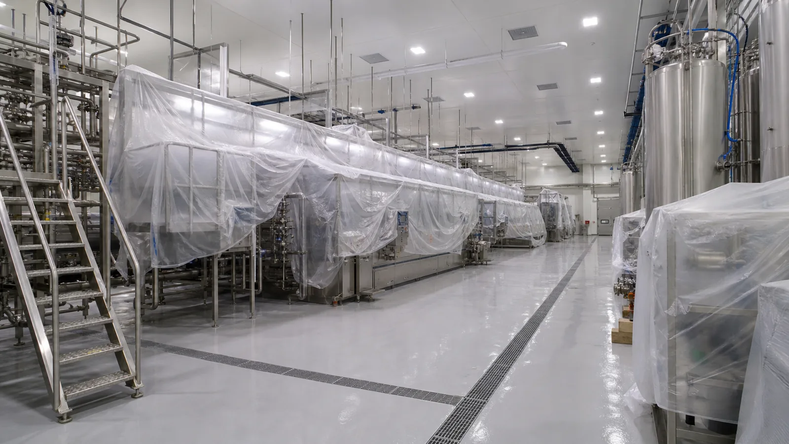 Beverage manufacturing plant during maintenance with protected stainless production equipment, clean walls, bright lighting, and floor drains