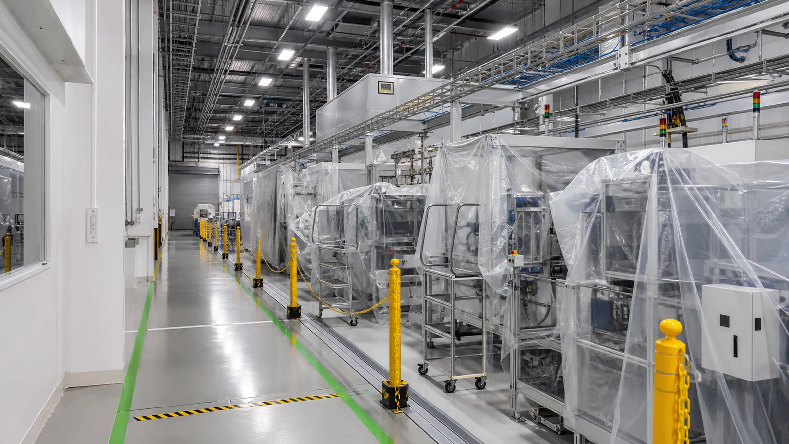 Electronics manufacturing facility during maintenance with protected assembly equipment, clean painted walls, overhead utilities, and controlled aisles