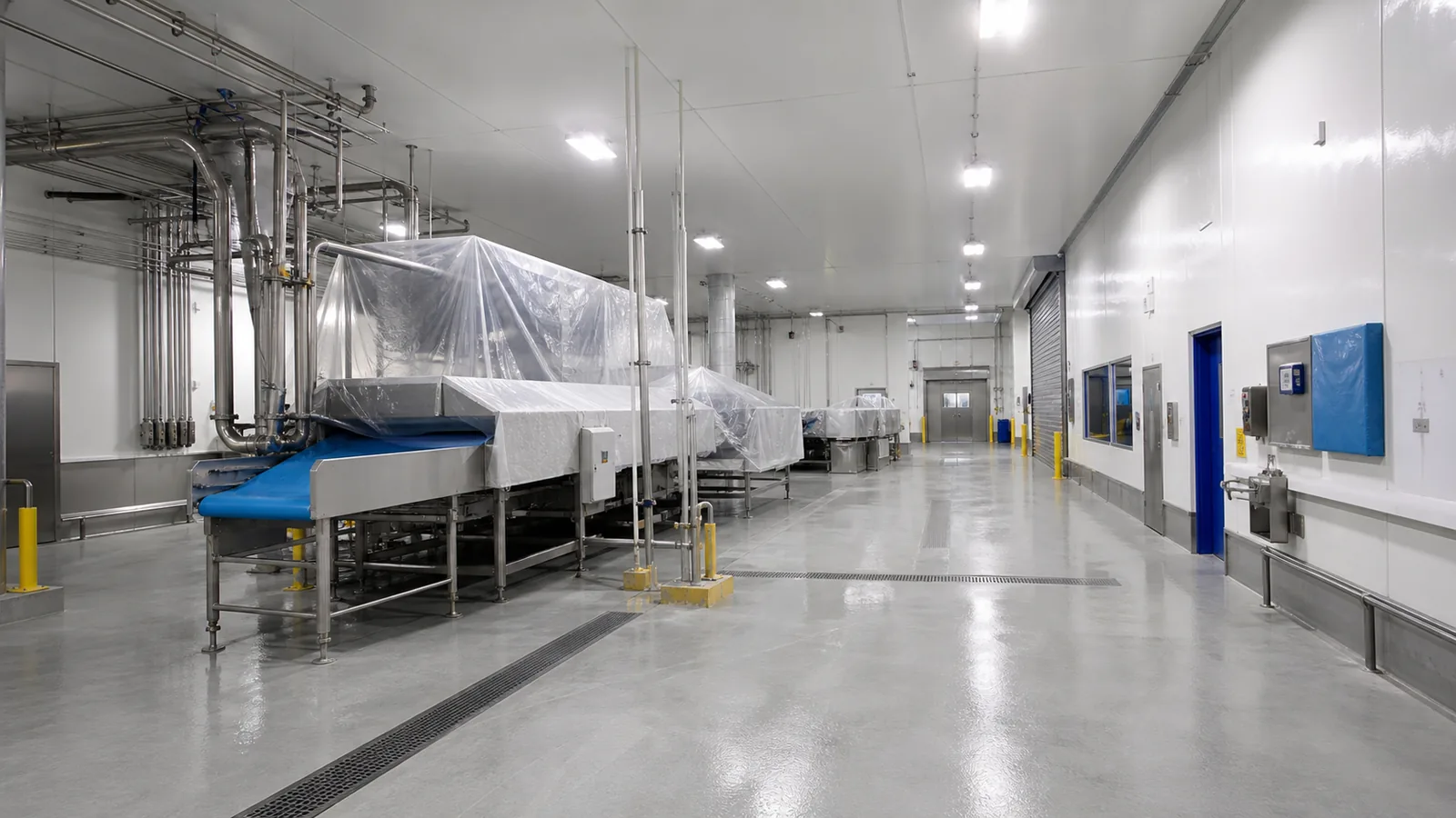 Food processing facility during maintenance with protected stainless equipment, clean light-colored walls and ceilings, floor drains, and bright production lighting