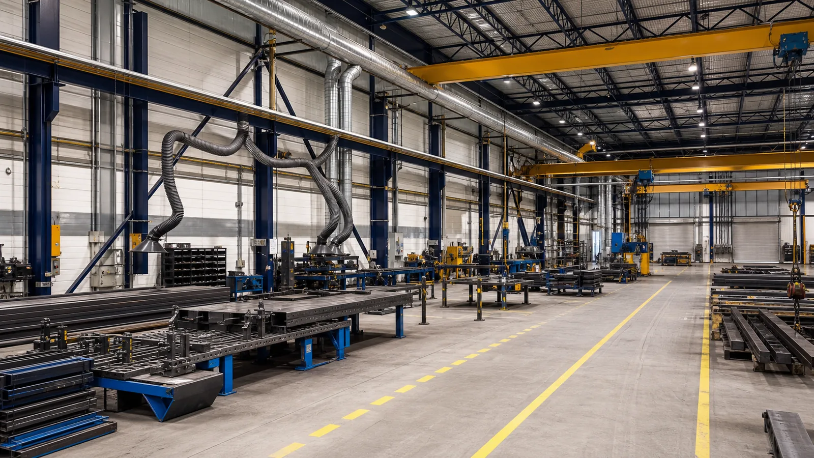 Metal fabrication facility with overhead cranes, fabrication equipment, steel stock, painted columns, and marked industrial aisles