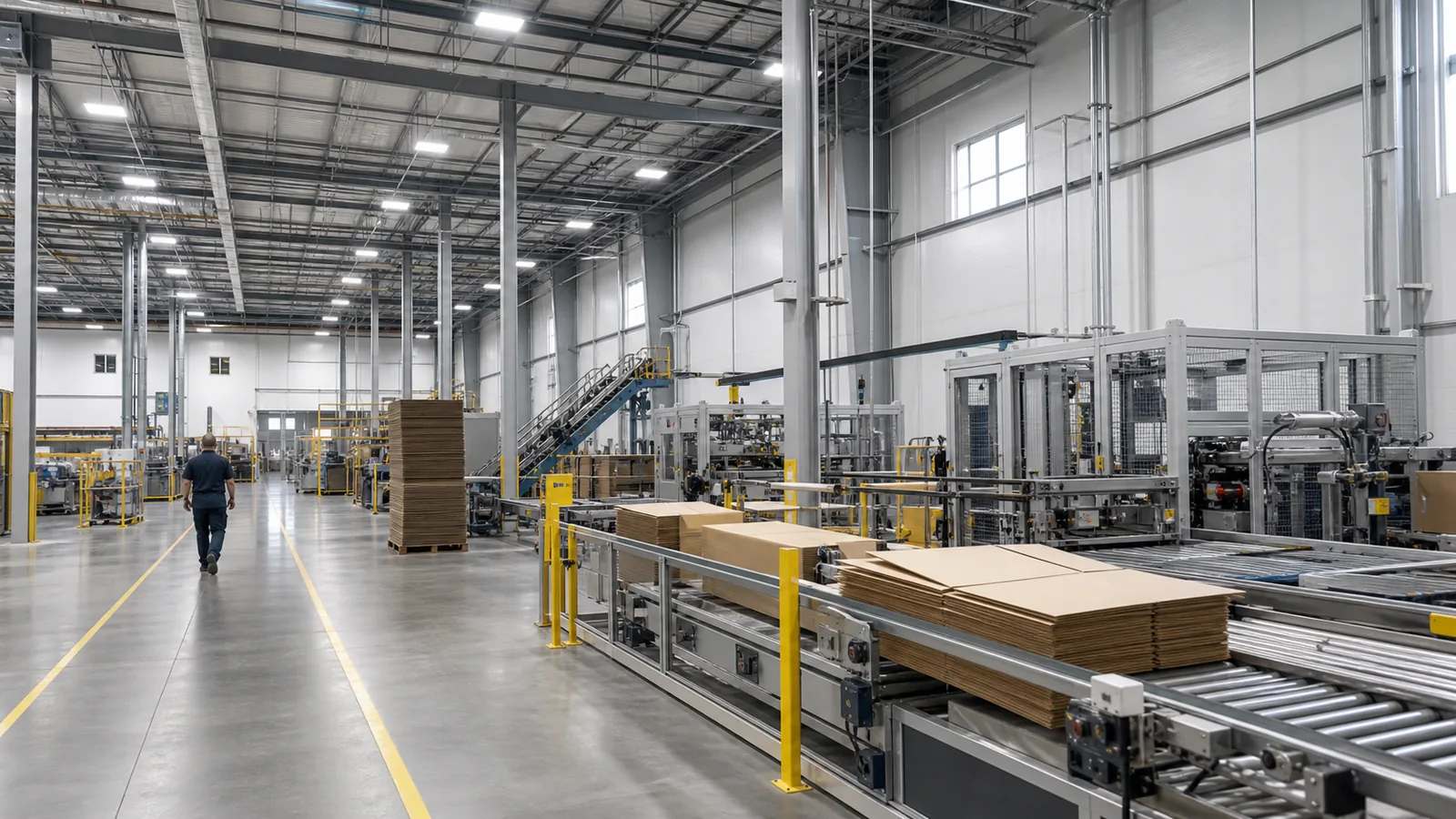Modern packaging facility with corrugated material, converting equipment, painted steel columns, and marked production aisles