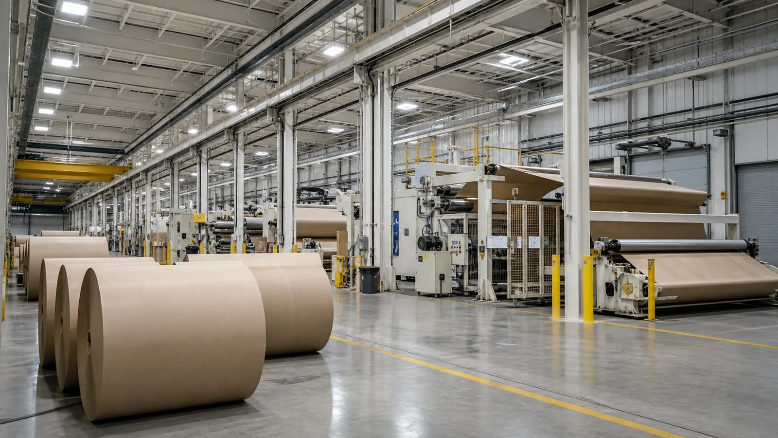 Paper and corrugated manufacturing facility with large kraft rolls, converting equipment, painted steel columns, and high-bay production space