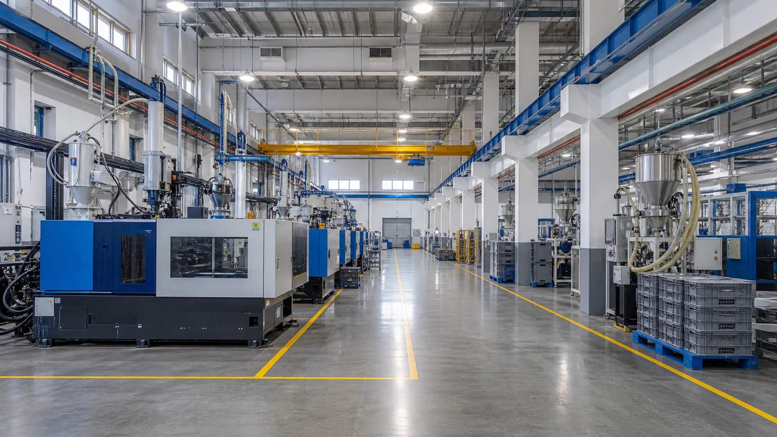 Plastics manufacturing facility with injection molding machines, resin handling equipment, clean painted walls and columns, and marked production aisles