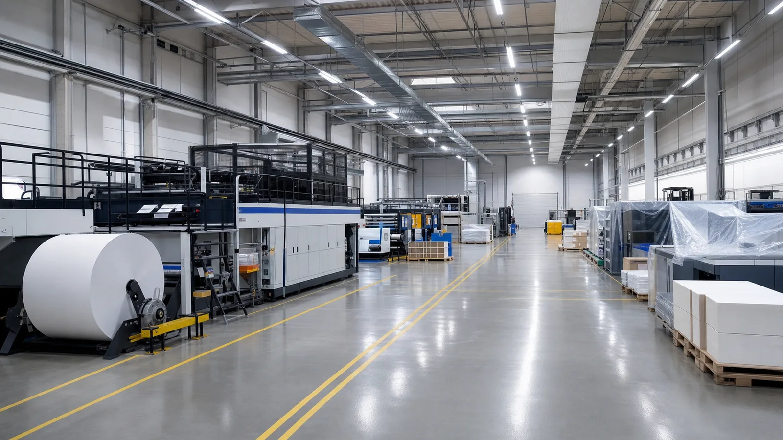 Commercial printing facility with large presses, paper rolls, protected equipment, clean painted walls, ventilation ducts, and marked aisles